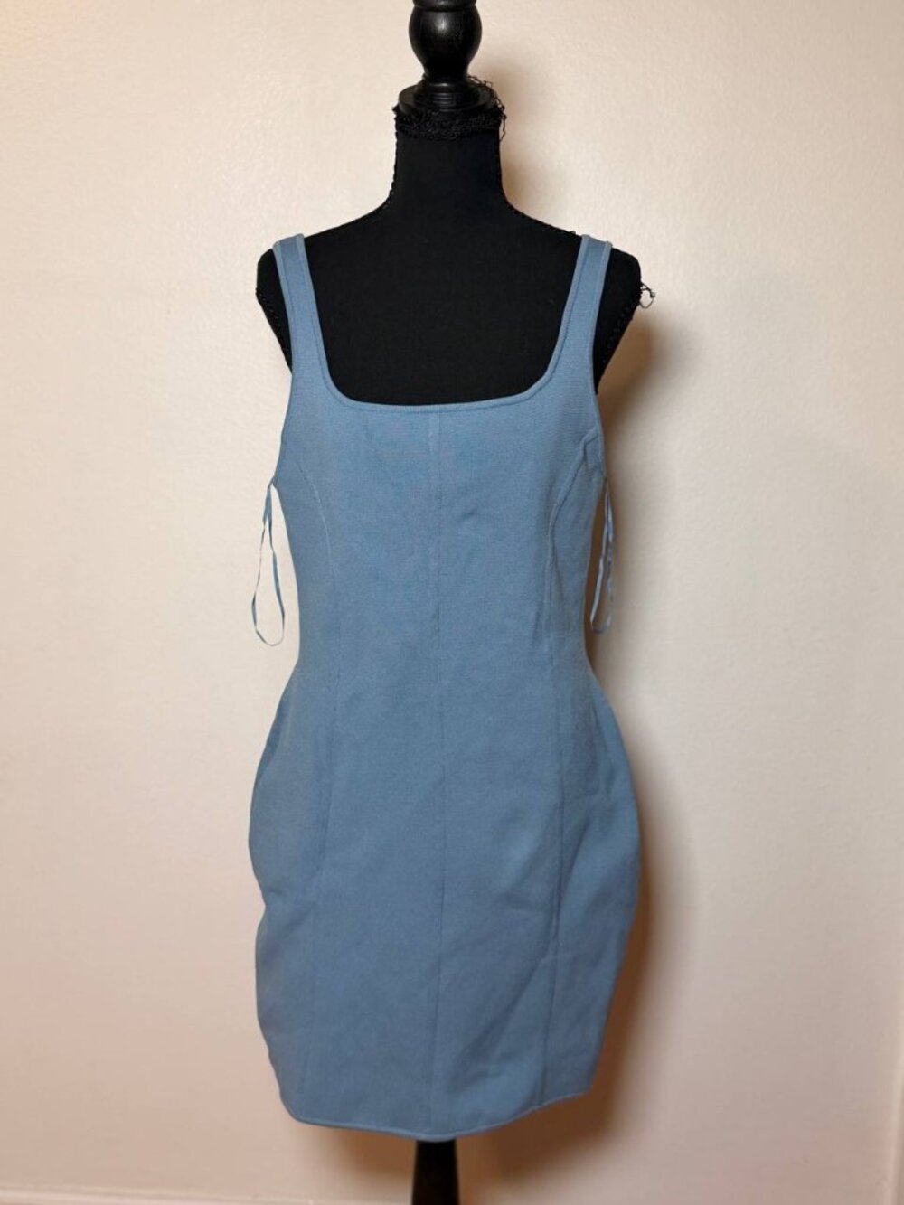 Aritzia Babaton Dusty Blue Square Neck Knit Mini Dress Clean Girl Minimalist